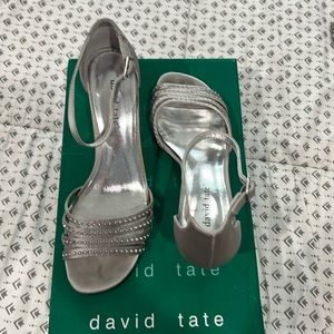 David Tate silver satin sandals with rhinestones